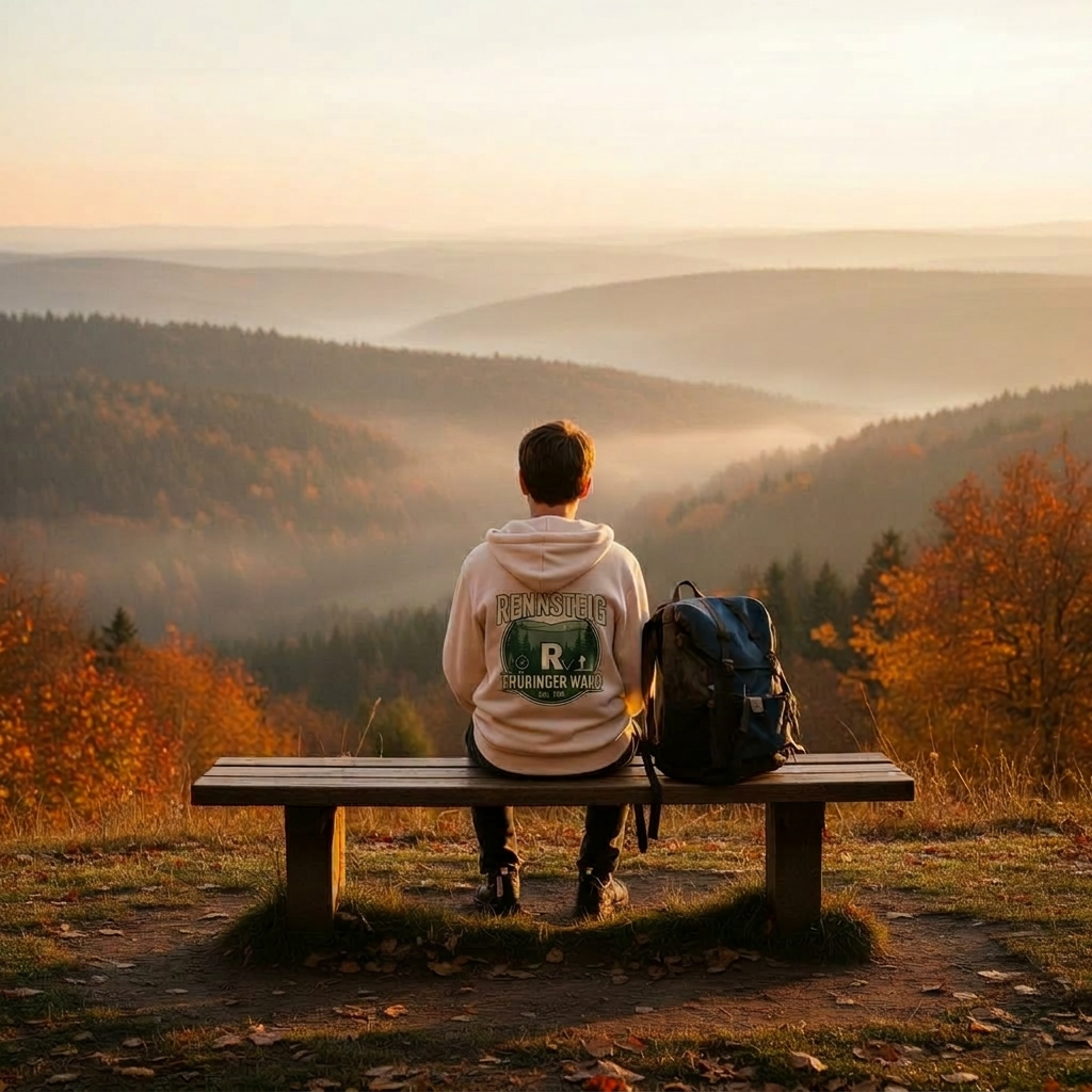 Wanderer im Thüringer Wald bei Sonnenaufgang
